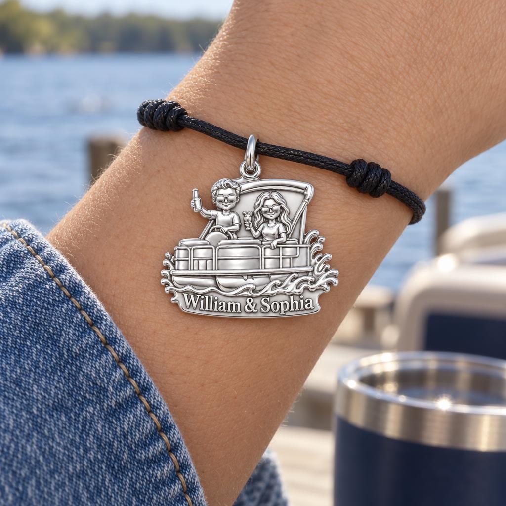Pontoon Boat Life Charm Bracelet – Personalized Couple Gift – worn on the wrist on a black cord bracelet