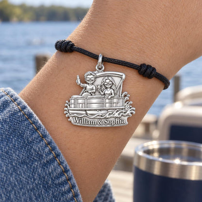 Pontoon Boat Life Charm Bracelet – Personalized Couple Gift – worn on the wrist on a black cord bracelet