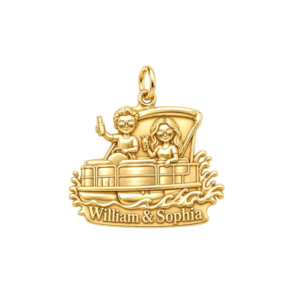 Pontoon Boat Life Charm Bracelet – Personalized Couple Gift – 18K gold plated 3 cm charm, front view