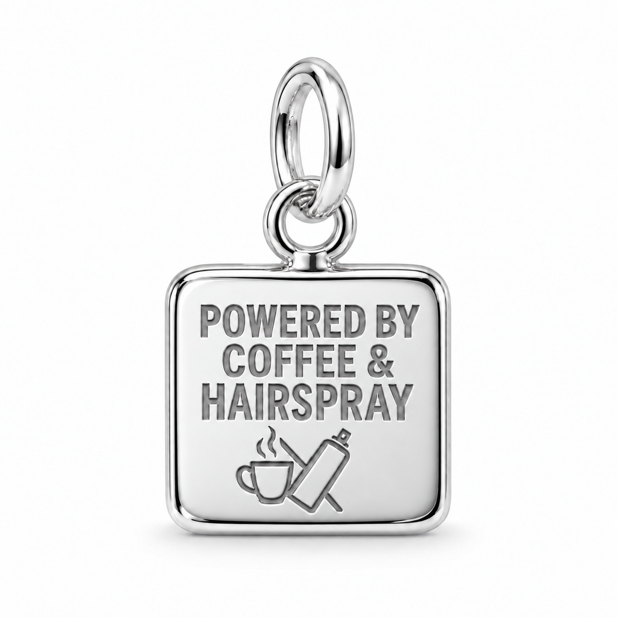 Powered by Coffee & Hairspray Dangle Charm | Silver | sha256:6406558b8876ba9fe53f6a96d1fb378786c97a44992b82ba5349d42f9c4fc350