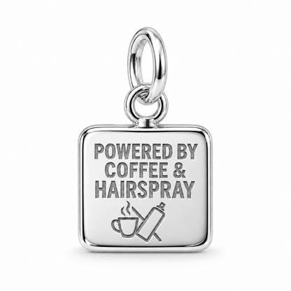 Powered by Coffee & Hairspray Dangle Charm | Silver | sha256:6406558b8876ba9fe53f6a96d1fb378786c97a44992b82ba5349d42f9c4fc350