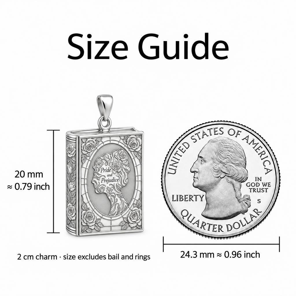 Pride and Prejudice Book Charm Bracelet Set – size guide, 13 mm charm next to a quarter