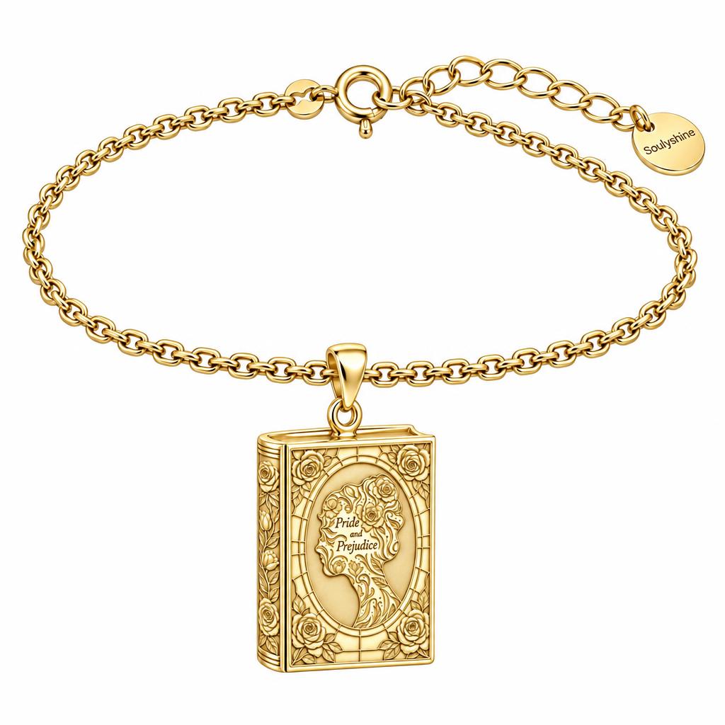 Pride and Prejudice Book Charm Bracelet Set – 18K gold, front view