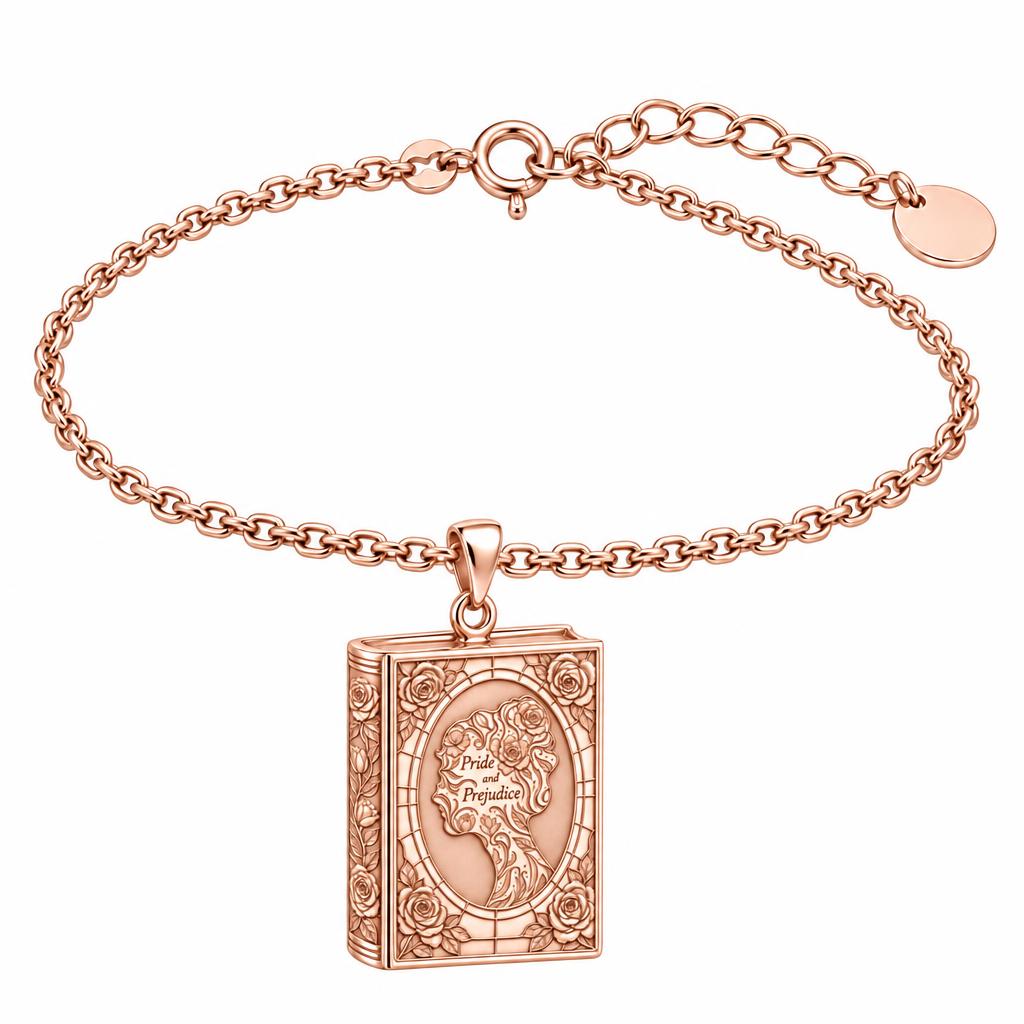 Pride and Prejudice Book Charm Bracelet Set – rose gold, front view