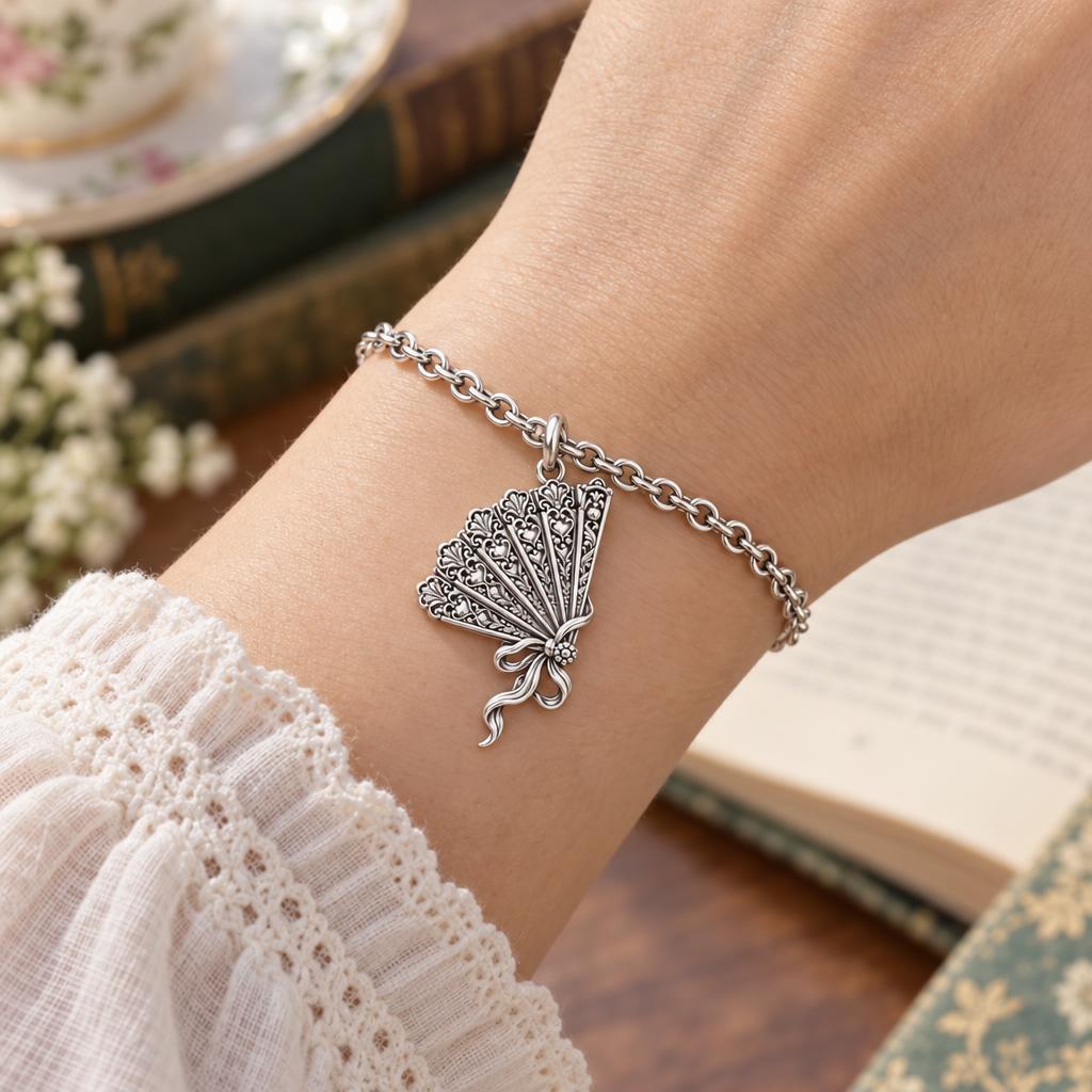 Pride and Prejudice Fan Charm Bracelet Set – worn / in use