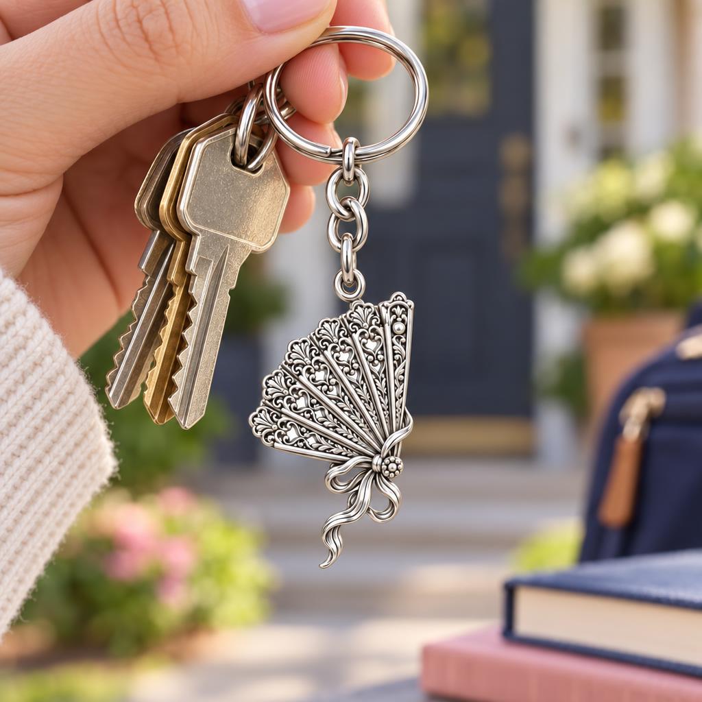 Pride and Prejudice Fan Charm Keychain – worn / in use