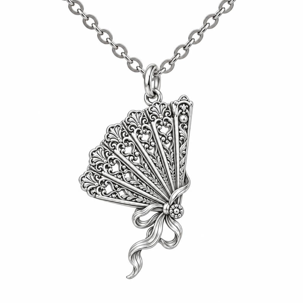 Pride and Prejudice Fan Charm Necklace Set – silver, front view