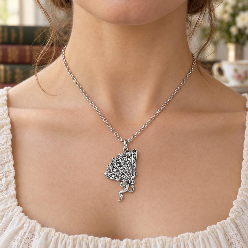 Pride and Prejudice Fan Charm Necklace Set – worn / in use