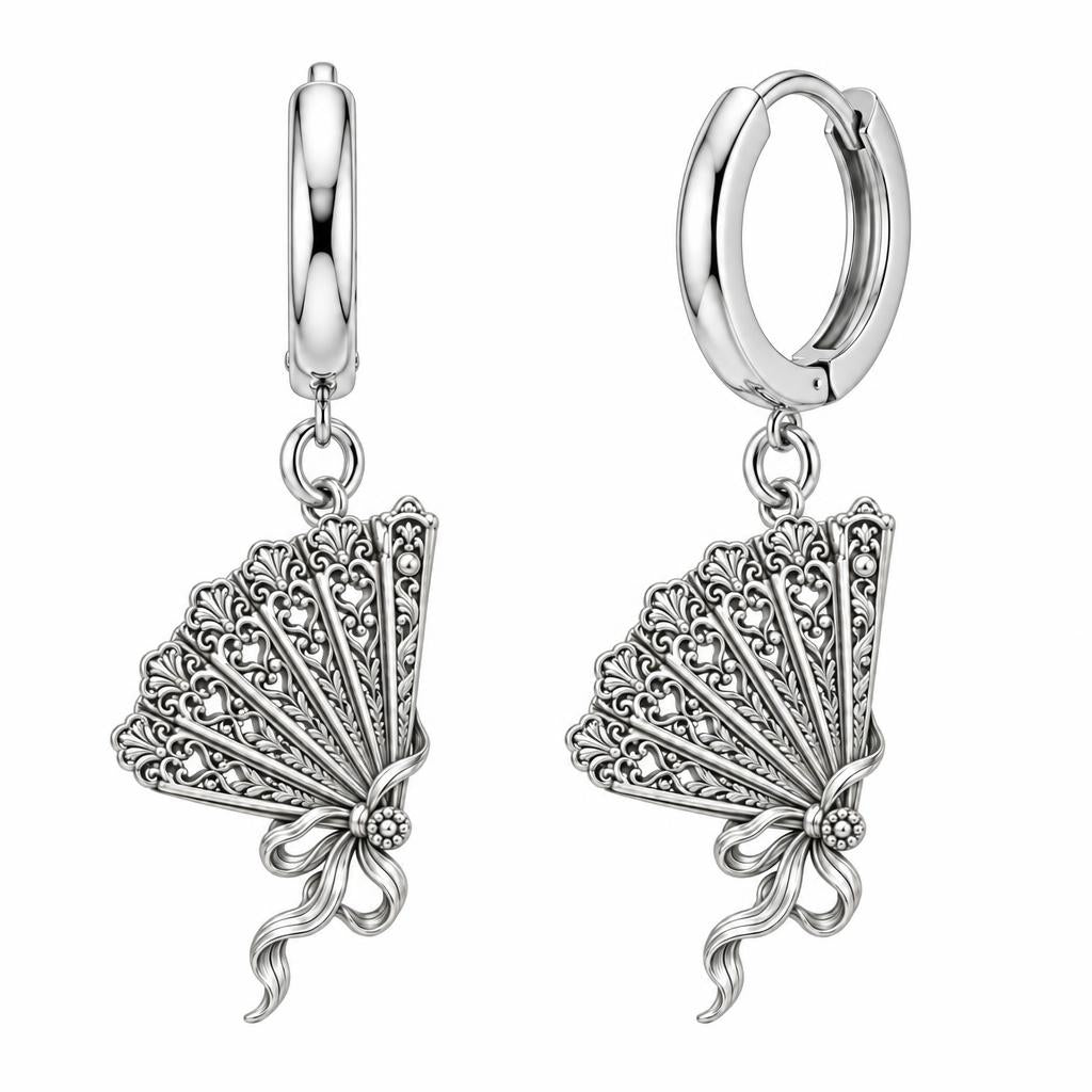 Pride and Prejudice Fan Huggie Charm Earrings – silver, front view