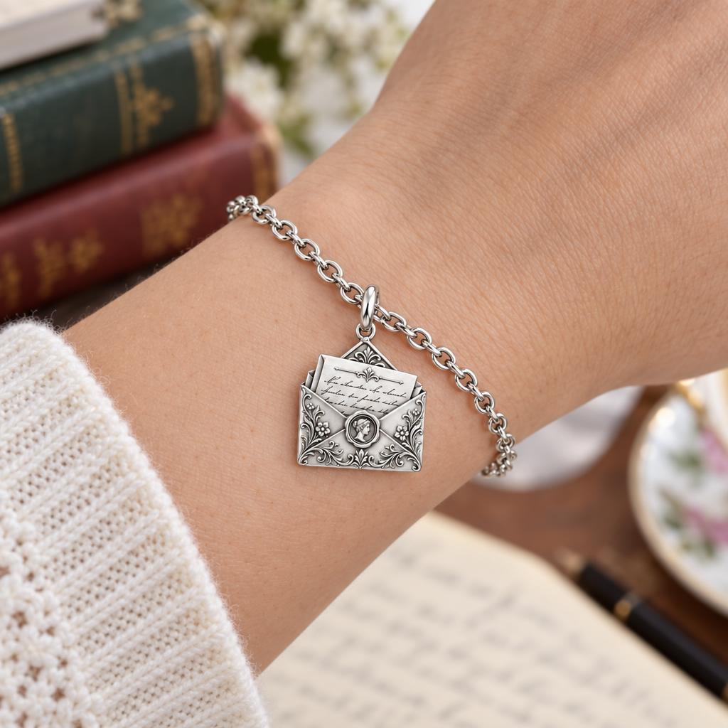 Pride and Prejudice Letter Charm Bracelet Set – worn / in use