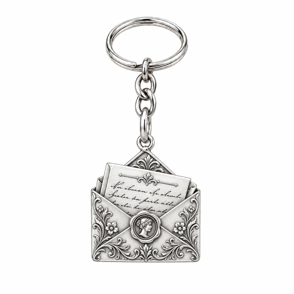 Pride and Prejudice Letter Charm Keychain – silver, front view