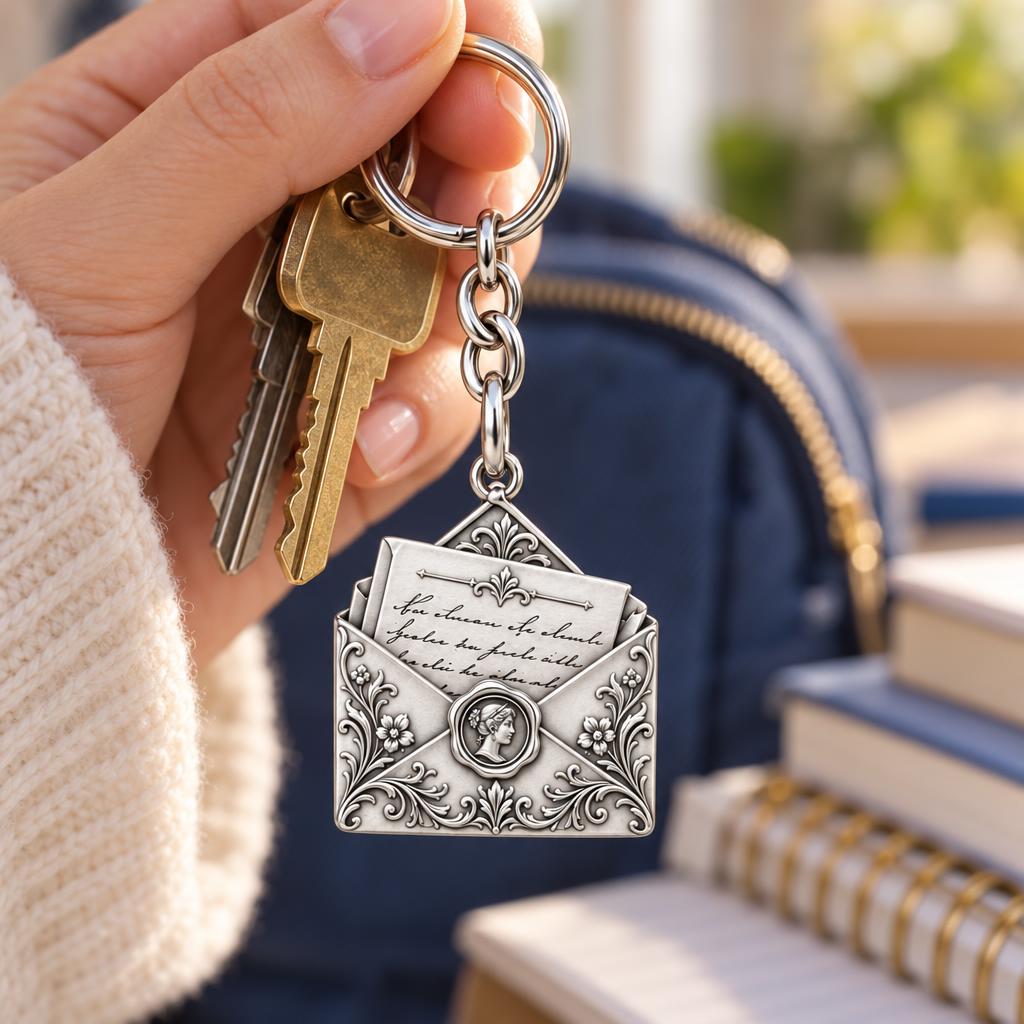 Pride and Prejudice Letter Charm Keychain – worn / in use