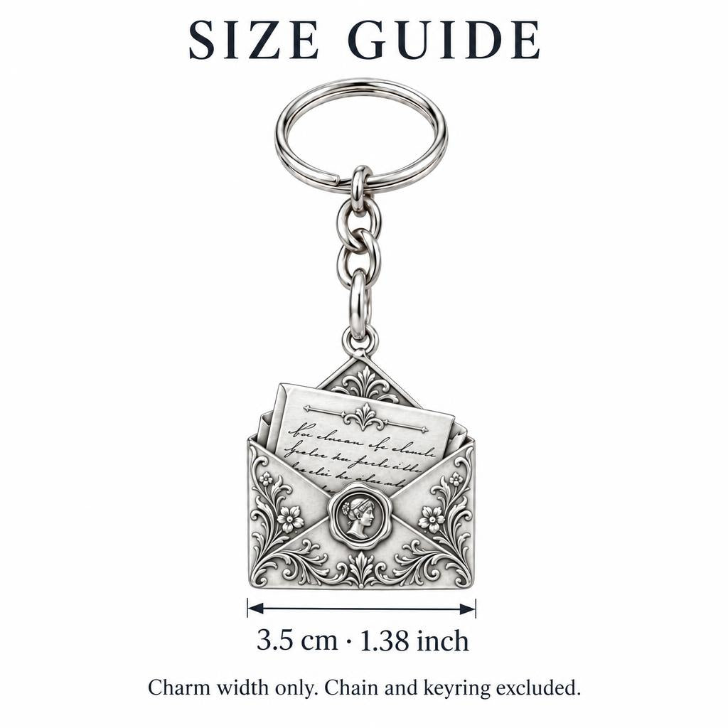 Pride and Prejudice Letter Charm Keychain – size guide, 3.5 cm (1.38 in) charm, chain and keyring excluded