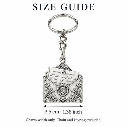Pride and Prejudice Letter Charm Keychain – size guide, 3.5 cm (1.38 in) charm, chain and keyring excluded