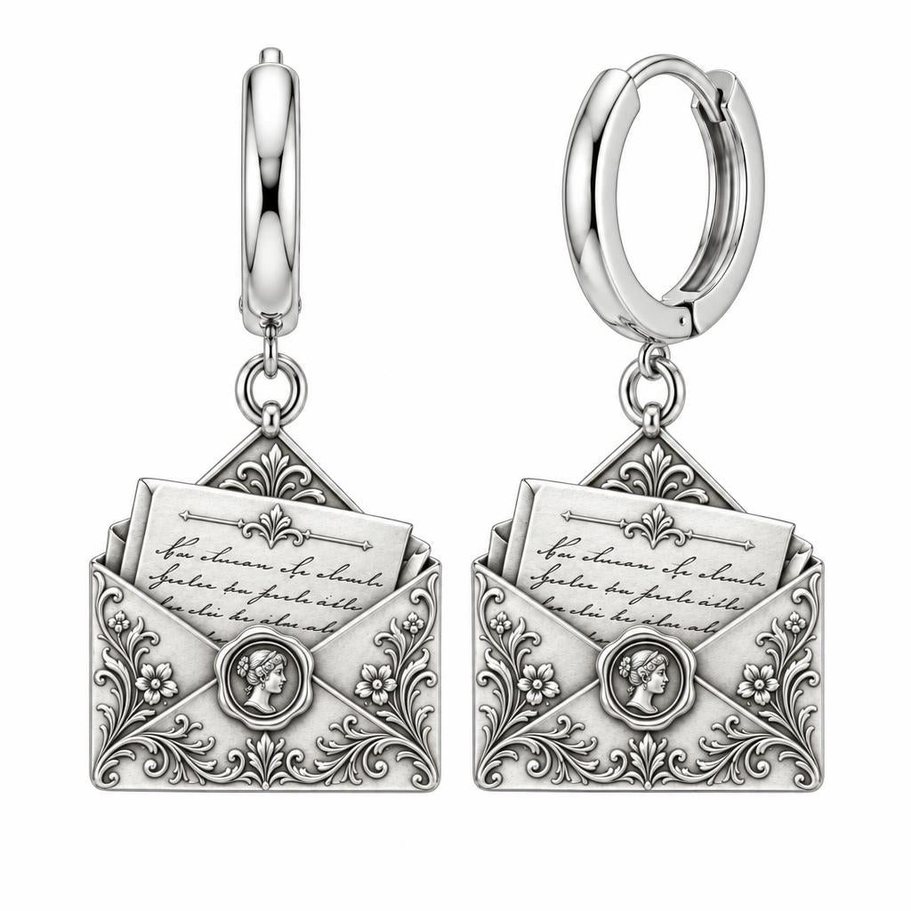 Pride and Prejudice Letter Huggie Charm Earrings – silver, front view