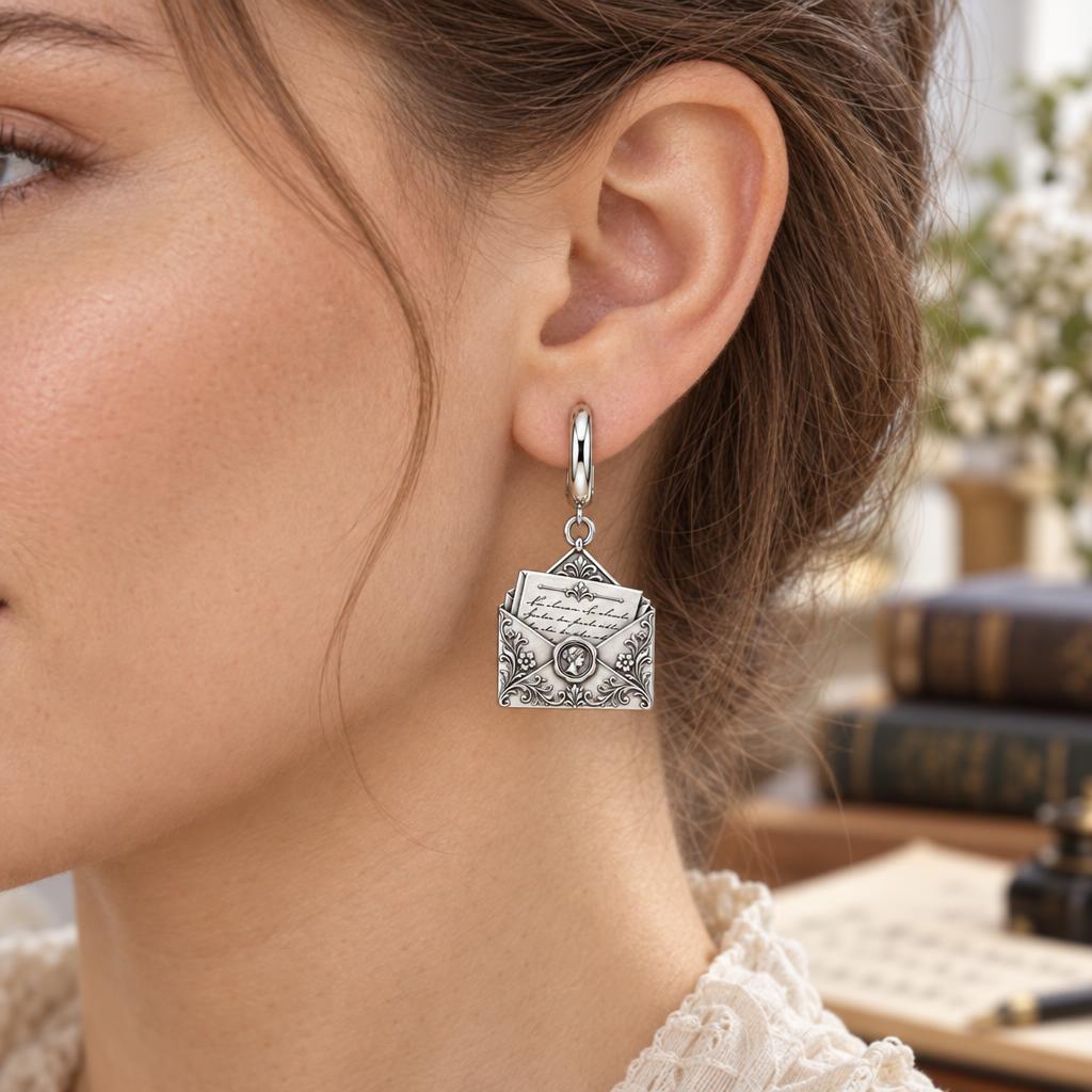 Pride and Prejudice Letter Huggie Charm Earrings – worn / in use