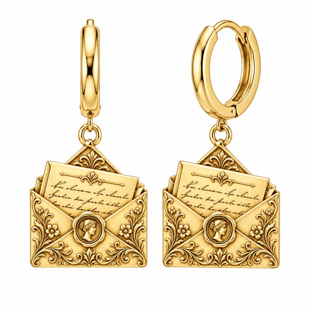 Pride and Prejudice Letter Huggie Charm Earrings – 18K gold, front view