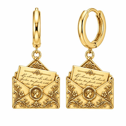 Pride and Prejudice Letter Huggie Charm Earrings – 18K gold, front view