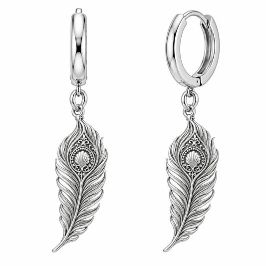 Pride and Prejudice Peacock Quill Huggie Charm Earrings – silver, front view