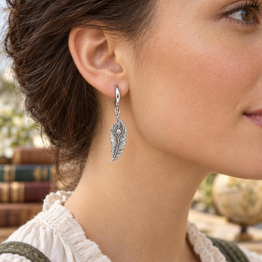 Pride and Prejudice Peacock Quill Huggie Charm Earrings – worn / in use