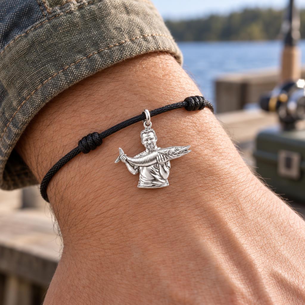 Prized Catch Charm Bracelet – Personalized Dad Gift – worn on the wrist on a black cord bracelet