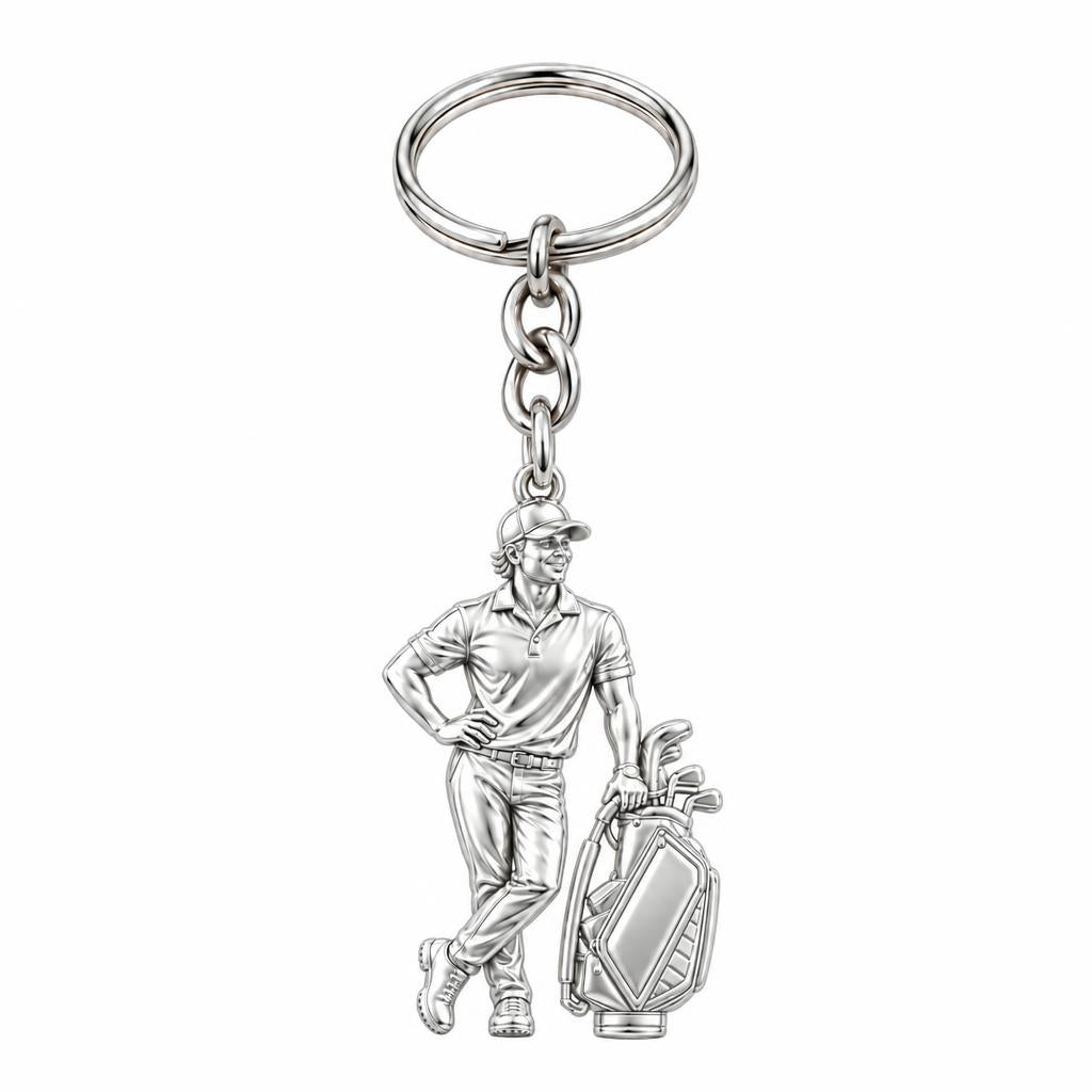 Pro Golfer and Caddy Bag Charm Keychain – silver, front view