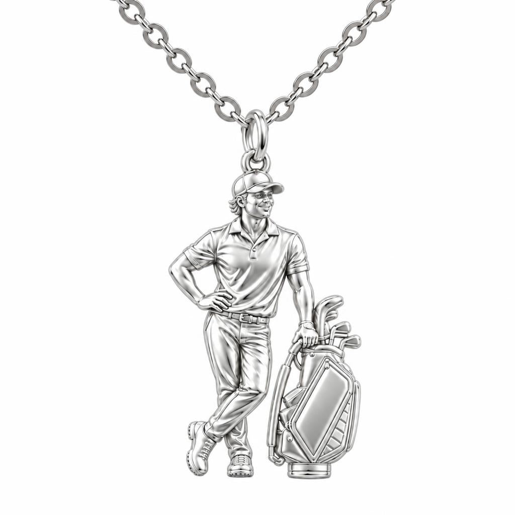 Pro Golfer and Caddy Bag Charm Necklace Set – silver, front view