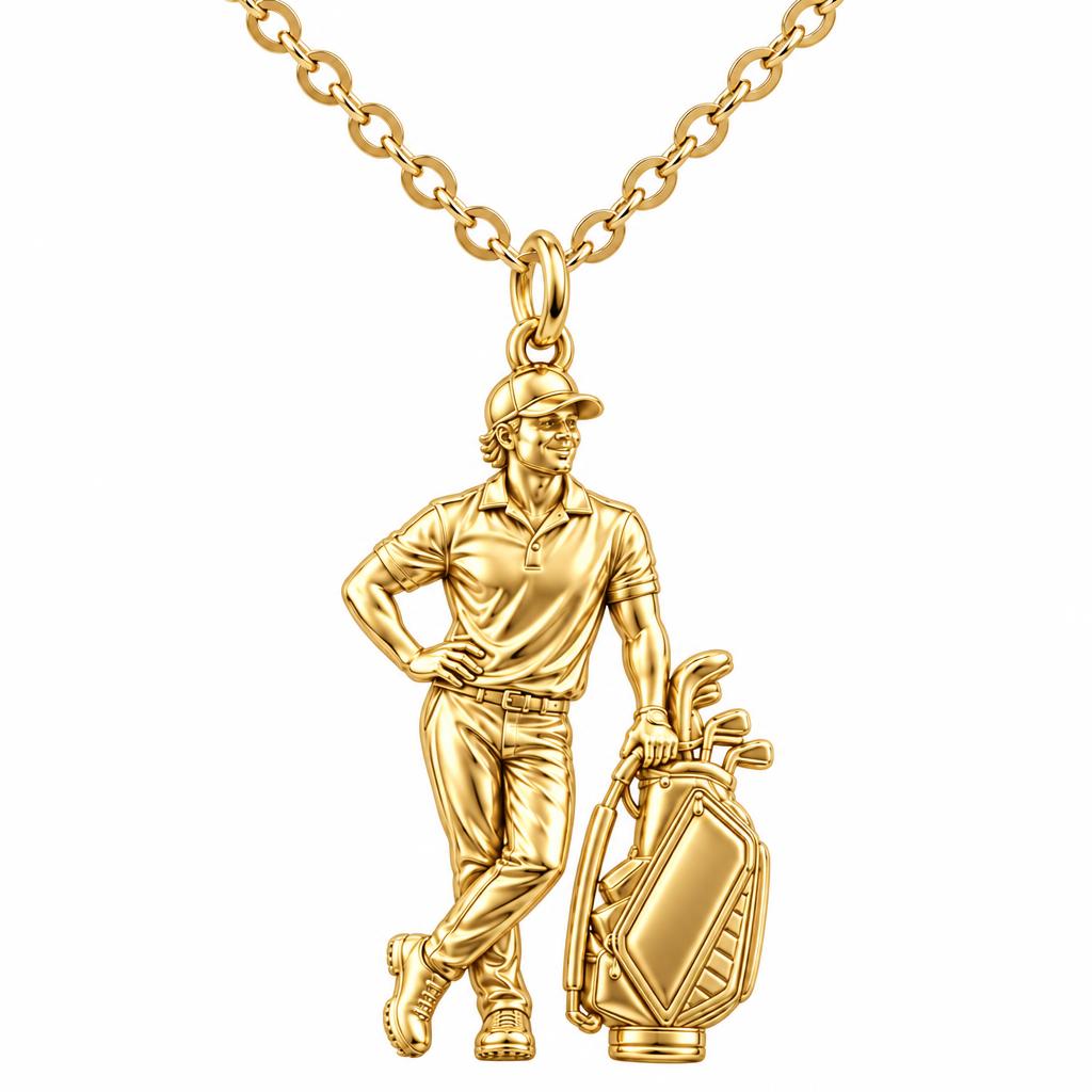 Pro Golfer and Caddy Bag Charm Necklace Set – 18K gold, front view