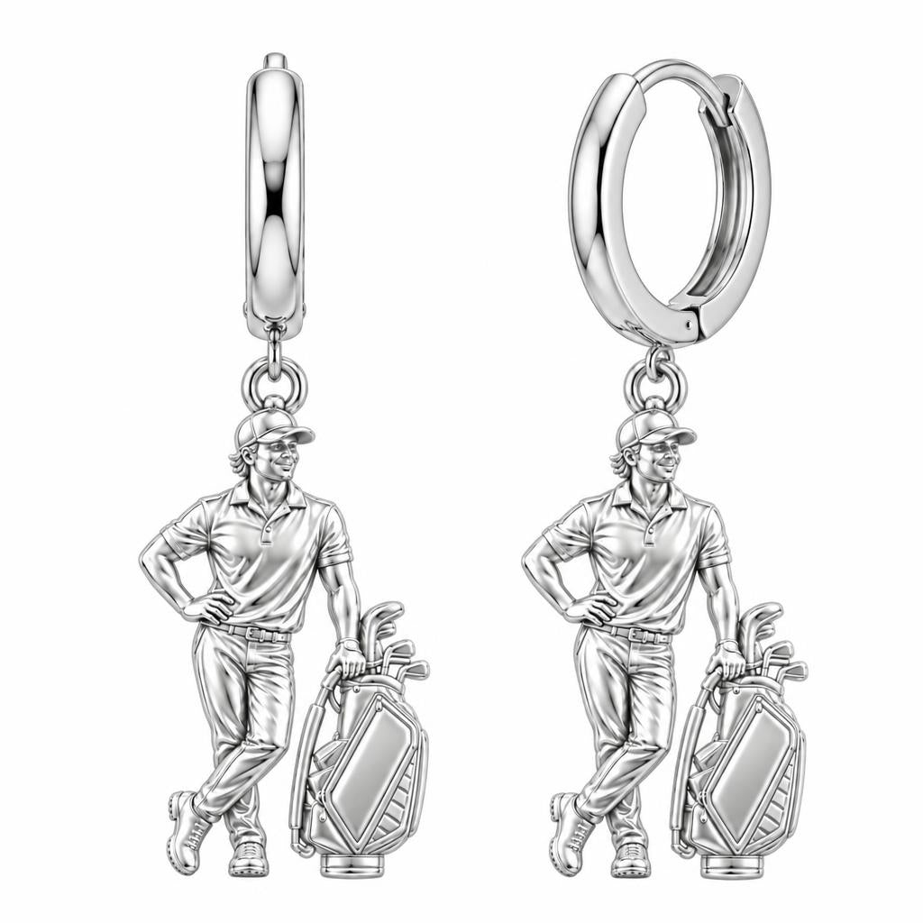 Pro Golfer and Caddy Bag Huggie Charm Earrings – silver, front view