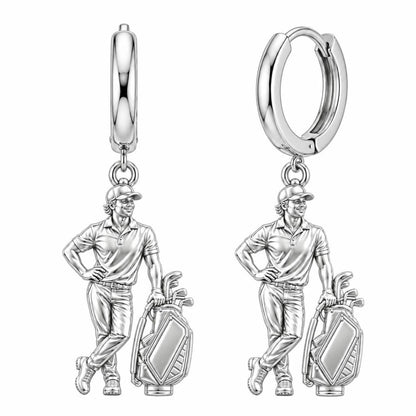 Pro Golfer and Caddy Bag Huggie Charm Earrings – silver, front view