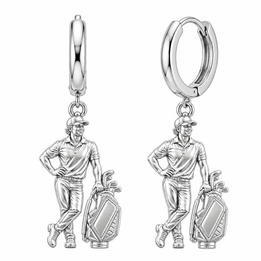 Pro Golfer and Caddy Bag Huggie Charm Earrings – silver, front view