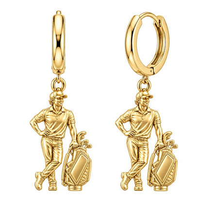 Pro Golfer and Caddy Bag Huggie Charm Earrings – 18K gold, front view