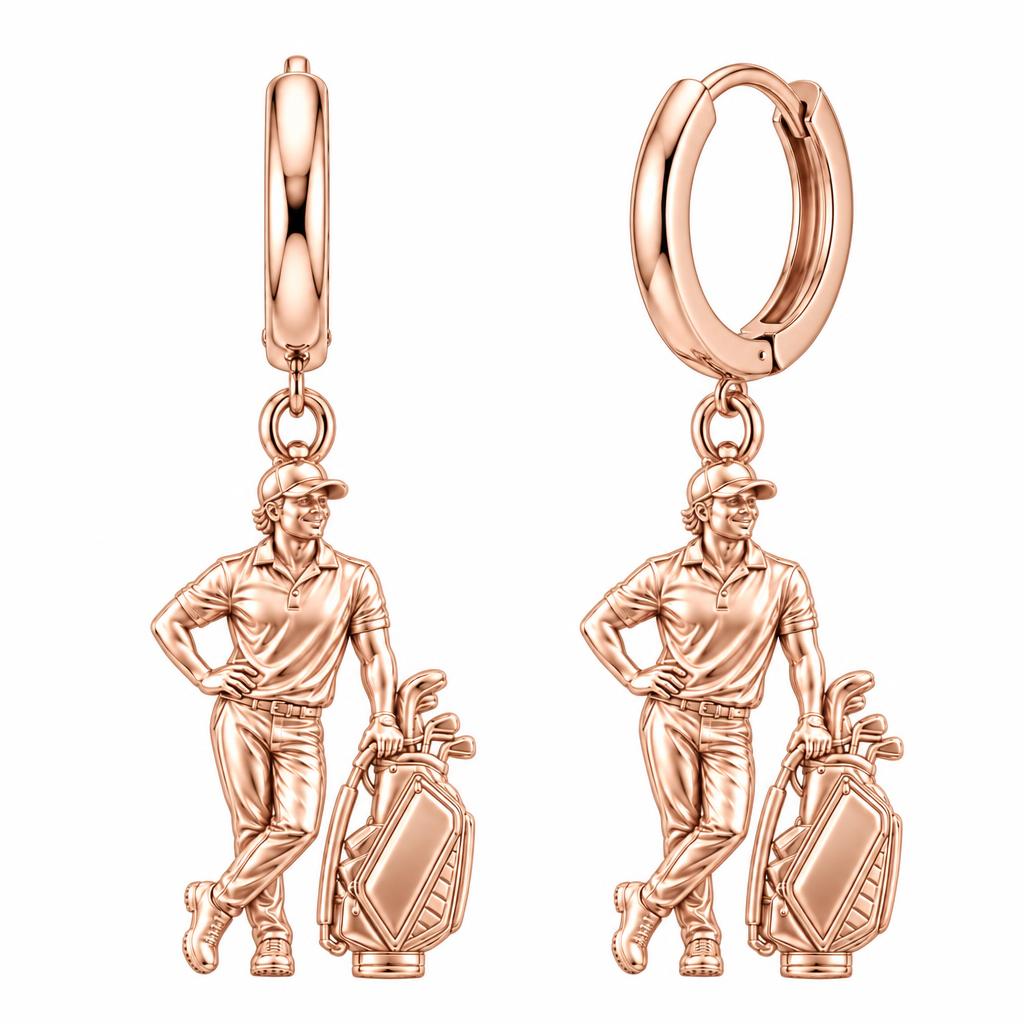 Pro Golfer and Caddy Bag Huggie Charm Earrings – rose gold, front view