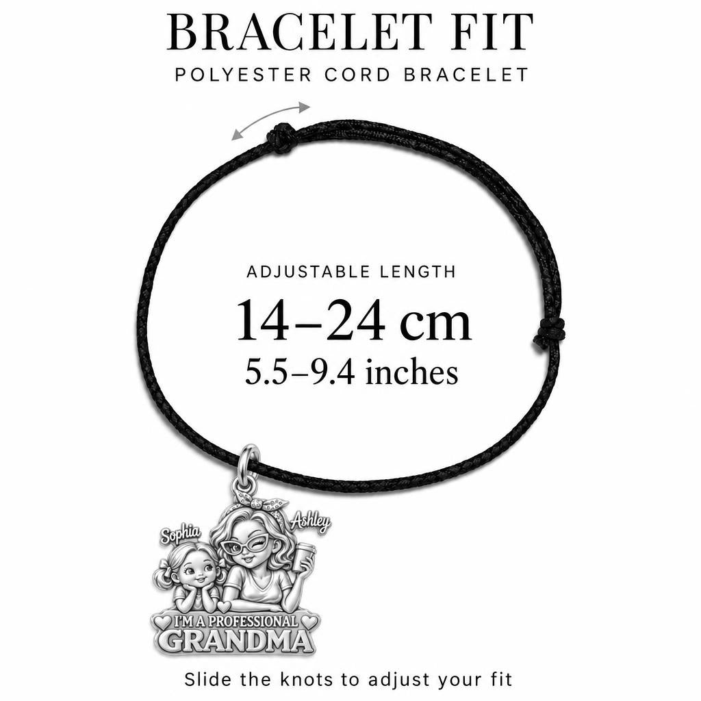 Professional Grandma Charm Bracelet – Personalized Nana Gift – adjustable black cord bracelet, 14–24 cm