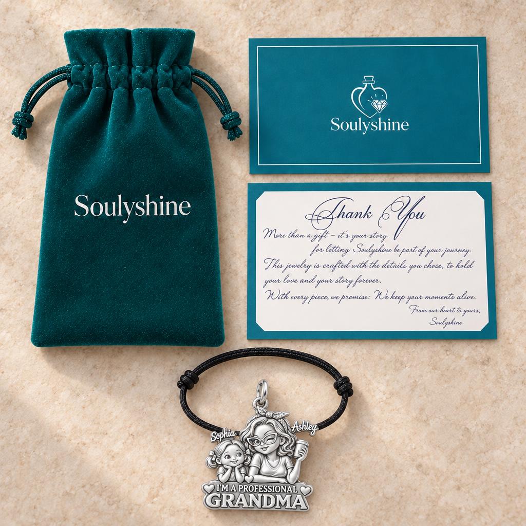 Professional Grandma Charm Bracelet – Personalized Nana Gift – Soulyshine velvet pouch and gift card