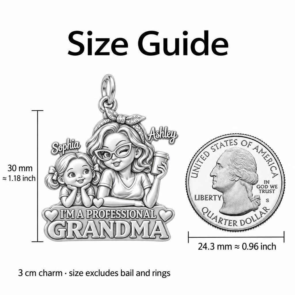Professional Grandma Charm Bracelet – Personalized Nana Gift – size guide, 3 cm charm next to a quarter