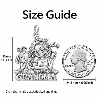 Professional Grandma Charm Bracelet – Personalized Nana Gift – size guide, 3 cm charm next to a quarter