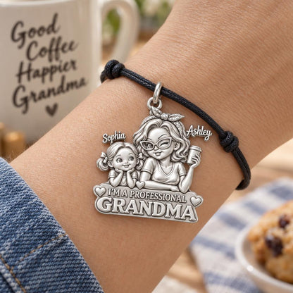 Professional Grandma Charm Bracelet – Personalized Nana Gift – worn on the wrist on a black cord bracelet