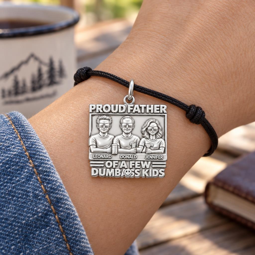Proud Father Portrait Charm Bracelet – Personalized Dad Gift – worn on the wrist on a black cord bracelet