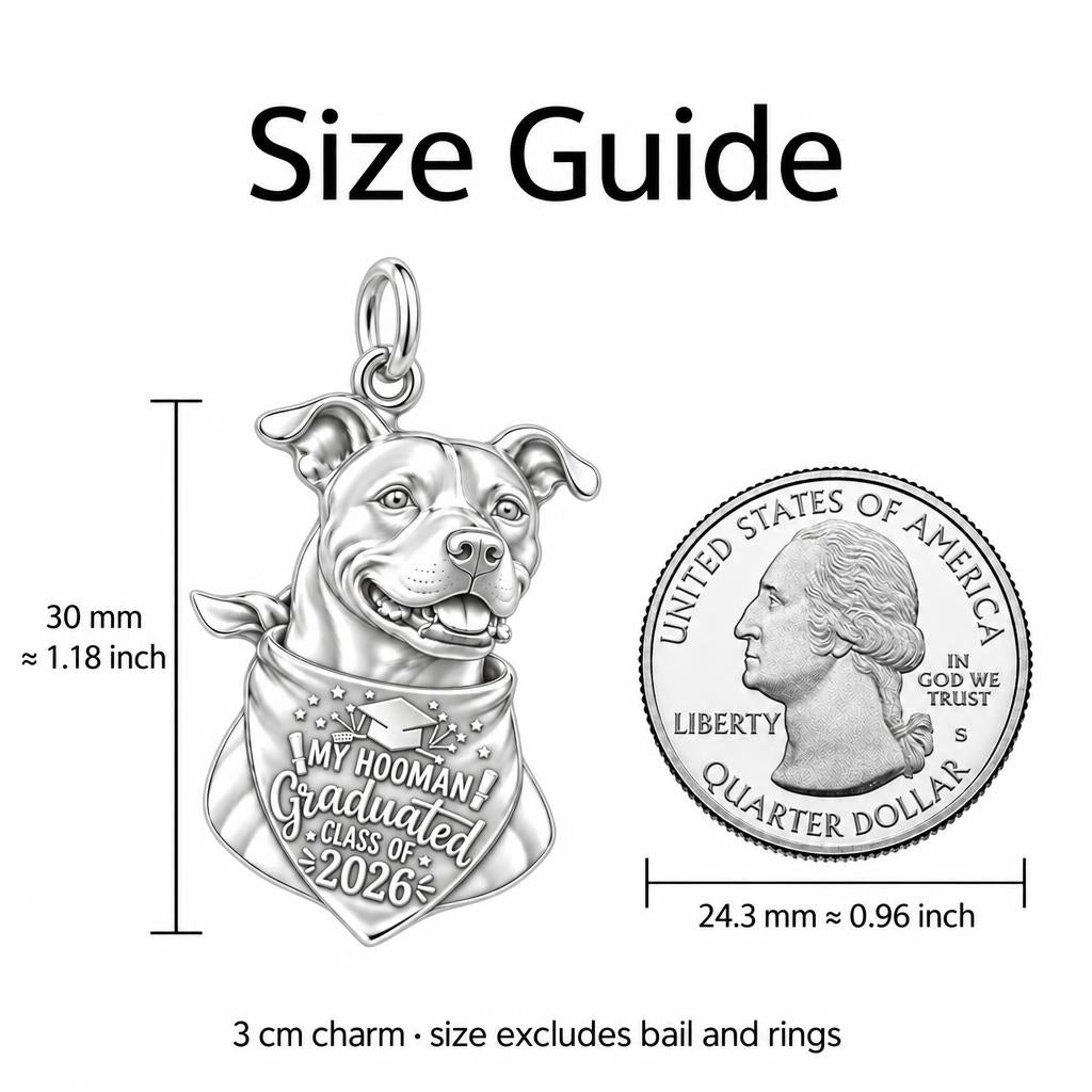 Proud Grad Hooman Charm Bracelet – Personalized Grad Gift – size guide, 3 cm charm next to a quarter