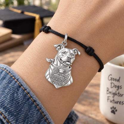 Proud Grad Hooman Charm Bracelet – Personalized Grad Gift – worn on the wrist on a black cord bracelet