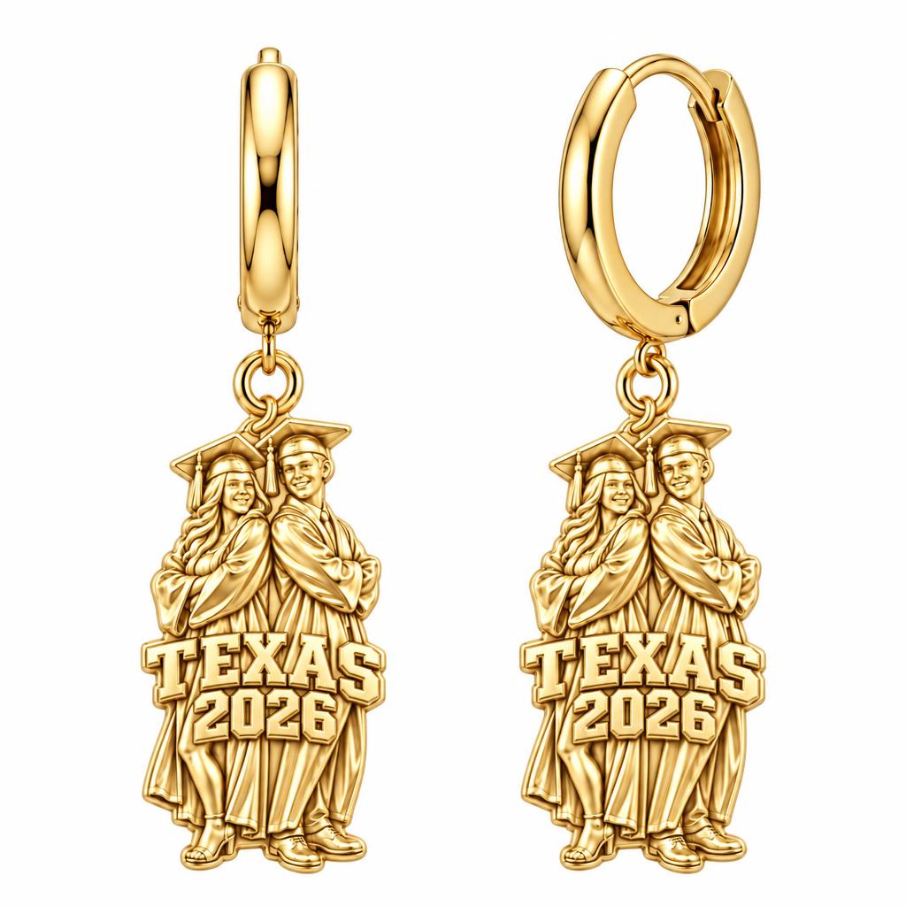 Proud Graduate Milestone Huggie Charm Earrings – 18K gold, front view