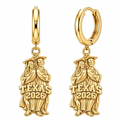 Proud Graduate Milestone Huggie Charm Earrings – 18K gold, front view