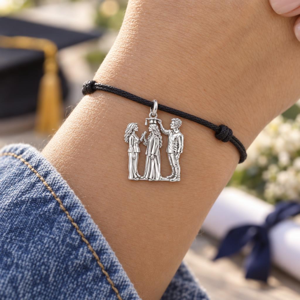Proud Graduation Day Portrait Charm Bracelet – Personalized Family Gift – worn on the wrist on a black cord bracelet