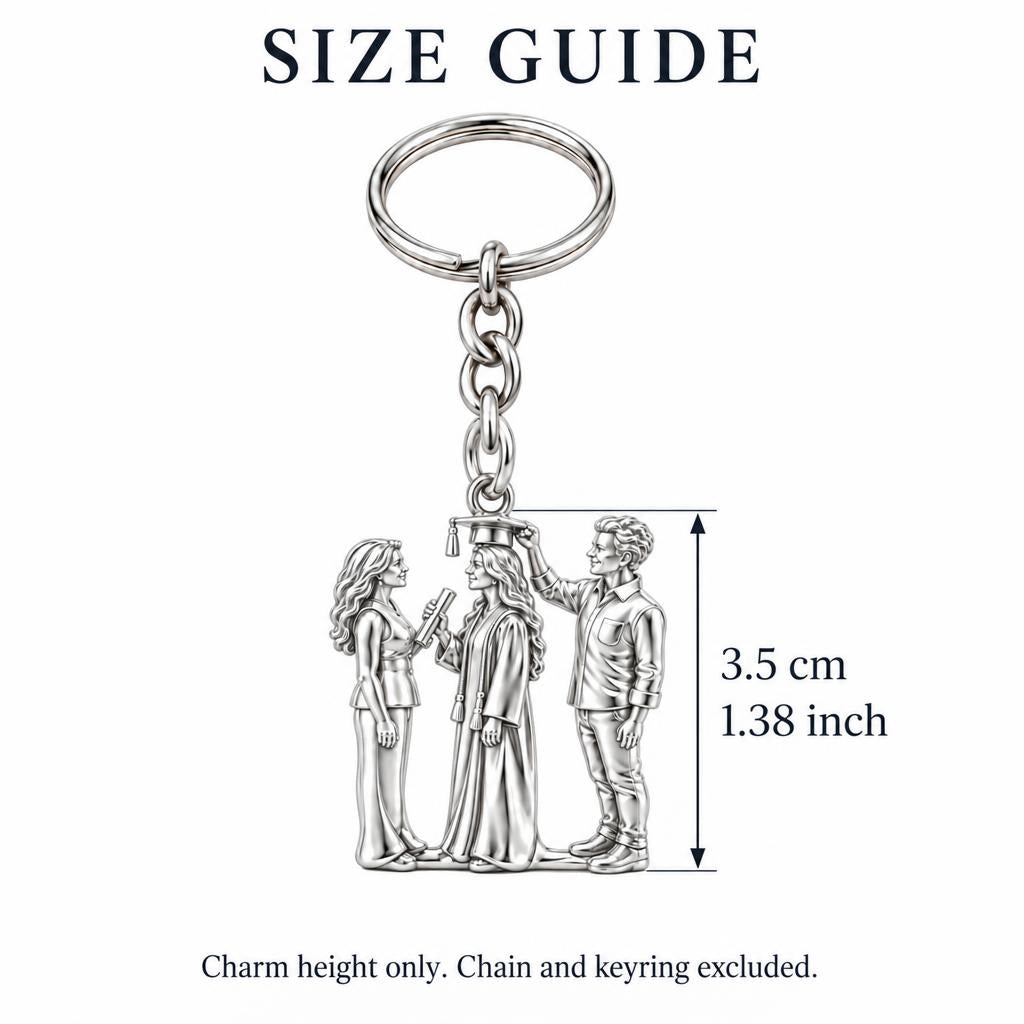Proud Graduation Day Portrait Charm Keychain – size guide, 3.5 cm (1.38 in) charm, chain and keyring excluded