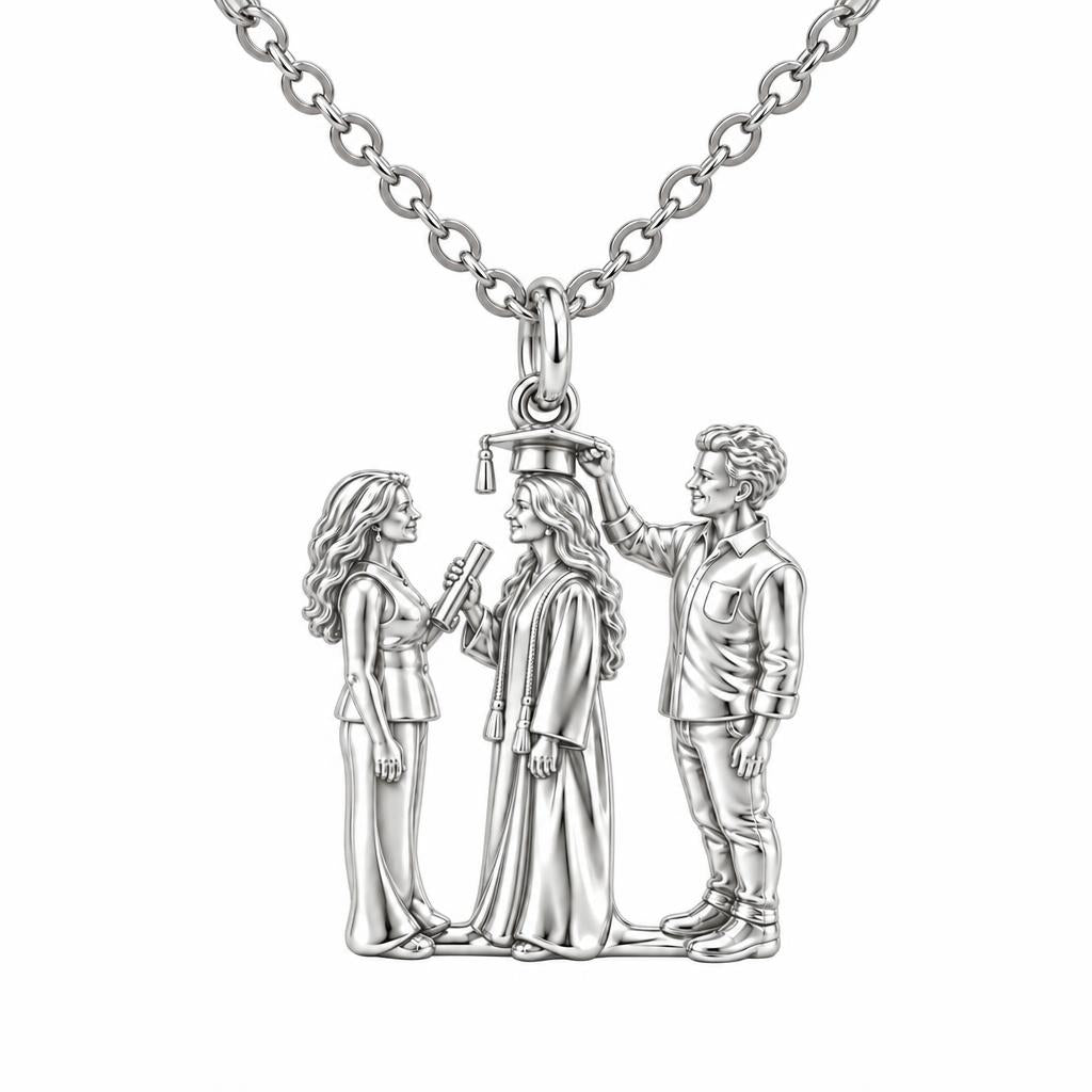 Proud Graduation Day Portrait Charm Necklace Set – silver, front view