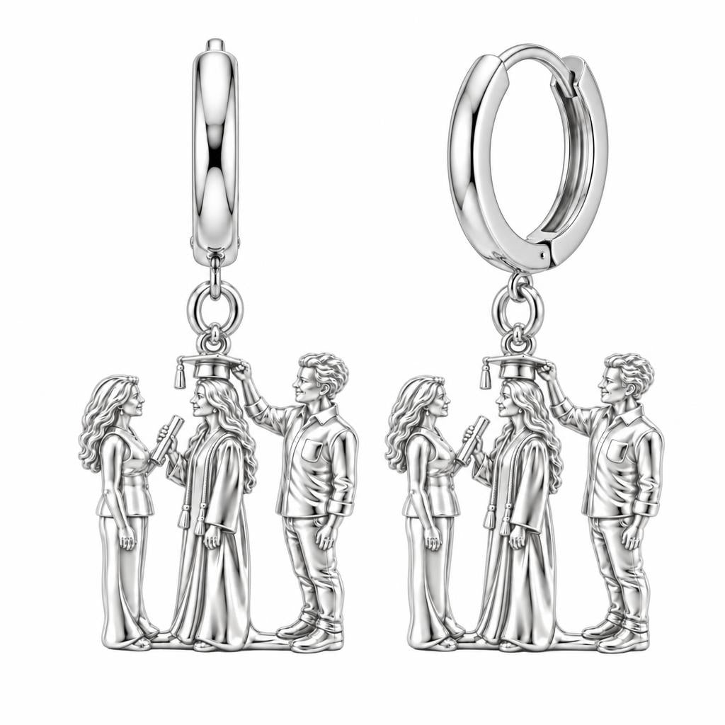 Proud Graduation Day Portrait Huggie Charm Earrings – silver, front view