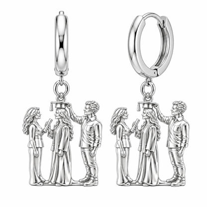 Proud Graduation Day Portrait Huggie Charm Earrings – silver, front view