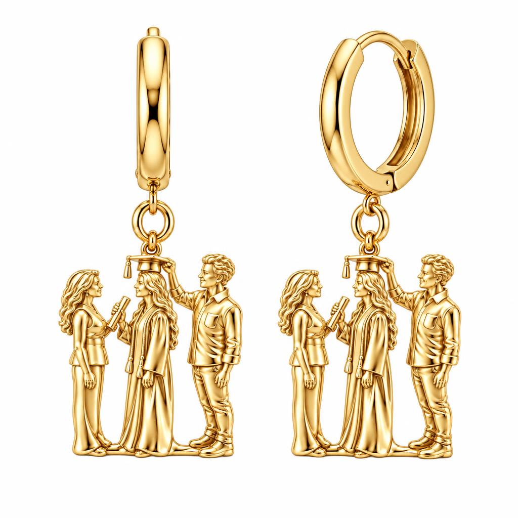 Proud Graduation Day Portrait Huggie Charm Earrings – 18K gold, front view