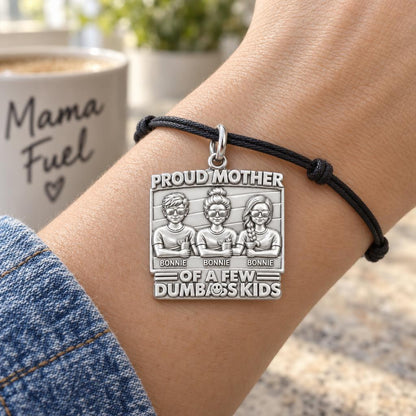 Proud Mother Dumbass Kids Charm Bracelet – Personalized Mom Gift – worn on the wrist on a black cord bracelet